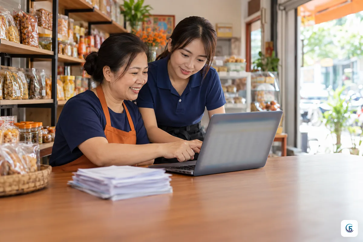 Chủ cửa hàng và nhân viên đối chiếu số tiền đơn hàng trên Google Sheet
