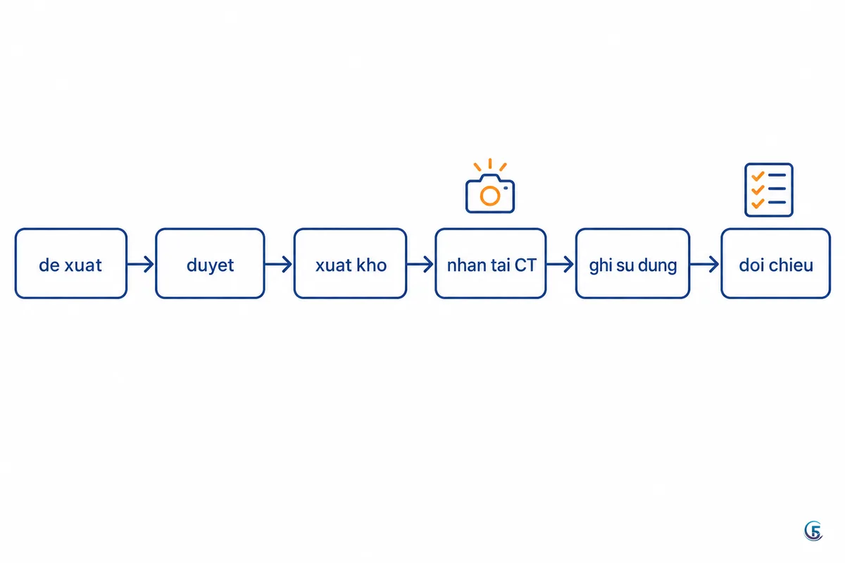Sơ đồ luồng quản lý vật tư công trình từ đề xuất, duyệt, xuất kho đến nhận tại công trình và đối chiếu định mức