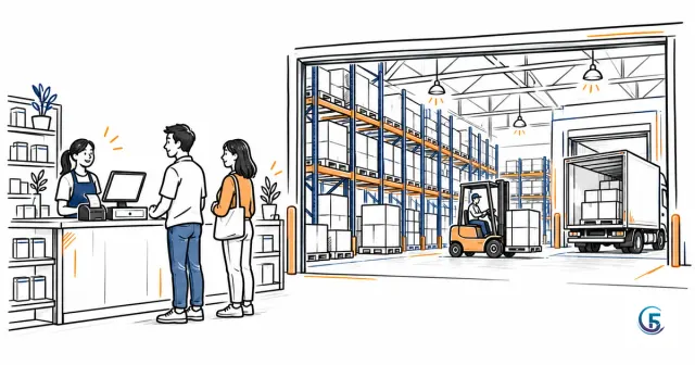 Minh hoạ có nên mua phần mềm quản lý bán hàng: quầy POS bán lẻ bên trái, kho bán sỉ với kệ pallet và xe nâng bên phải