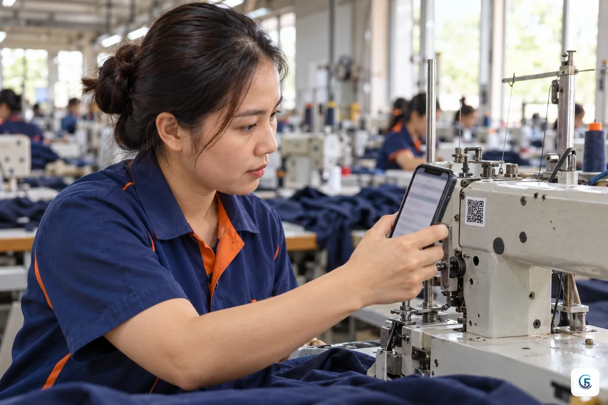 Tổ trưởng xưởng may quét mã QR dán trên thân máy bằng điện thoại để ghi nhật ký thiết bị