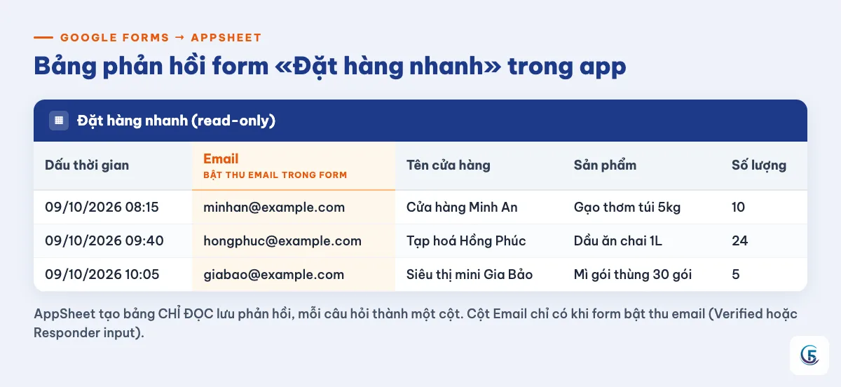 Bảng phản hồi chỉ đọc của form Đặt hàng nhanh với 3 phản hồi demo