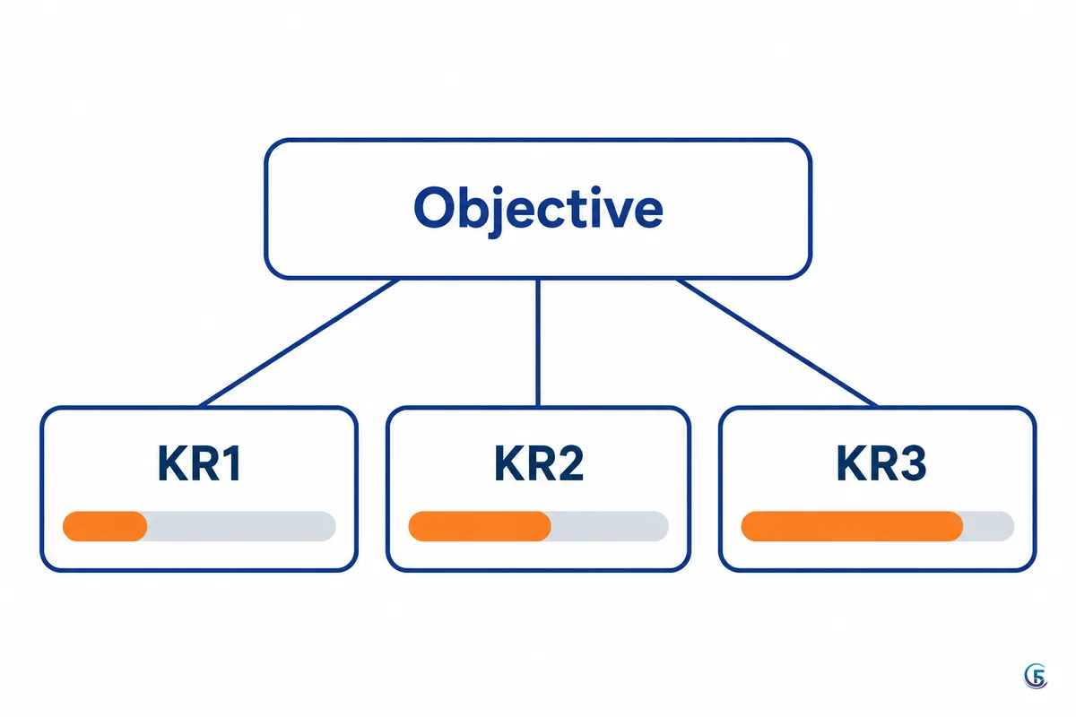 Sơ đồ cấu trúc OKR: một ô Objective ở trên nối xuống ba ô kết quả then chốt KR1, KR2, KR3 có thanh tiến độ