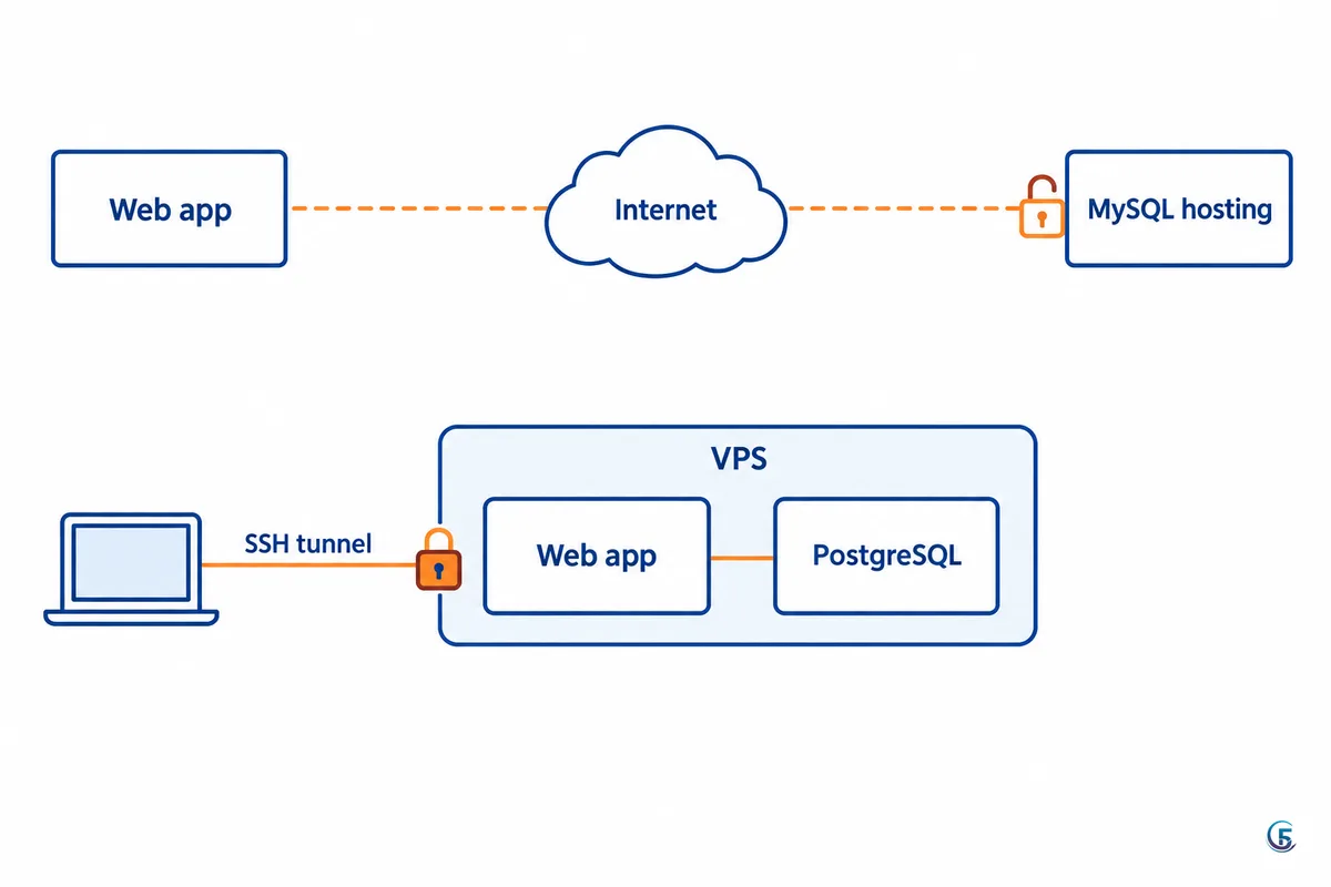 Sơ đồ so sánh web app nối MySQL hosting qua internet và web app cạnh PostgreSQL trong cùng một VPS