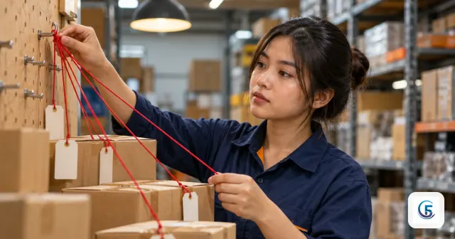 Minh họa khóa chính khóa ngoại là gì: thủ kho nối số trên thùng hàng với số trên bảng gài trong kho