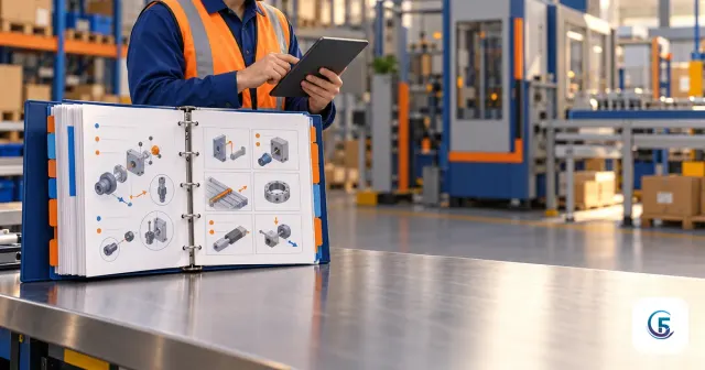 SOP là gì: tập hồ sơ quy trình có phân mục đặt cạnh công nhân làm theo checklist trên máy tính bảng trong xưởng