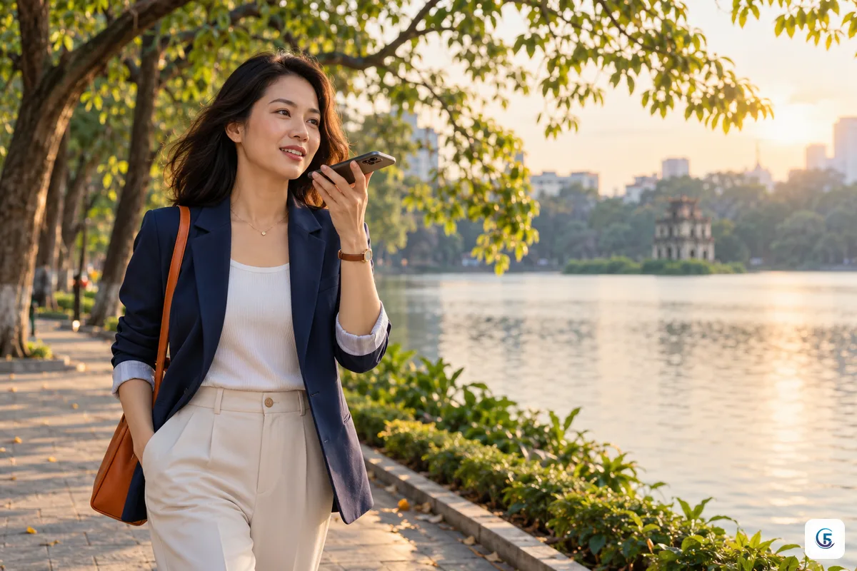 Quản lý kho vừa đi bộ vừa ghi âm ý tưởng bằng điện thoại