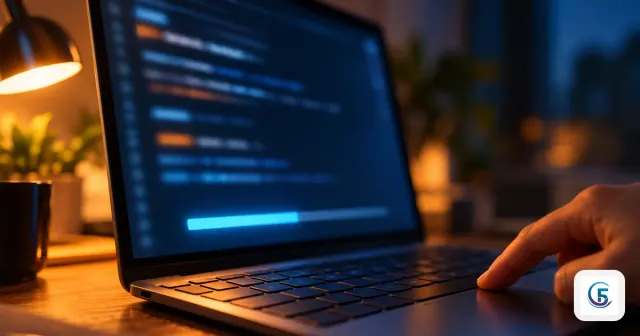 Cận cảnh màn hình laptop khi cài Hermes Agent: cửa sổ terminal tối, thanh tiến trình sáng, ngón tay nhấn phím Enter