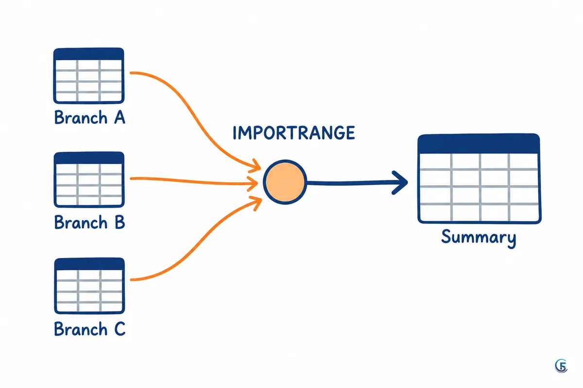 Sơ đồ ba file Google Sheet chi nhánh được gom về một file tổng bằng IMPORTRANGE