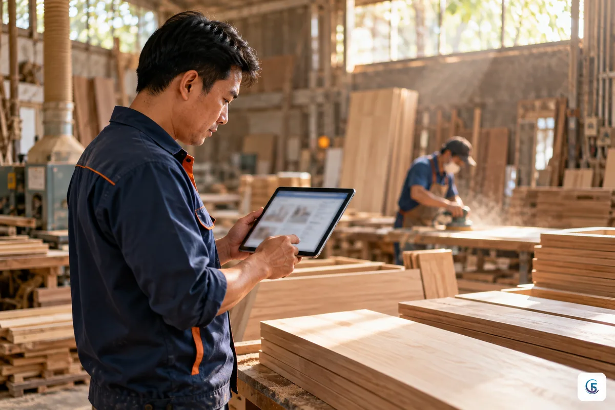 Quản lý xưởng nội thất dùng máy tính bảng kiểm tra web app nội bộ ngay tại khu sản xuất