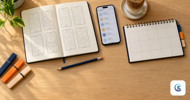Bàn học với sổ tay phác thảo màn hình app và kế hoạch tuần, minh hoạ lộ trình học AppSheet theo giai đoạn