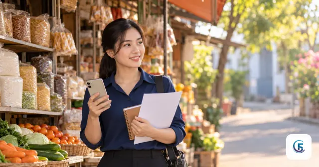Nhân viên thị trường cầm điện thoại ở chợ, dùng appsheet vs glide để chọn app quản lý khách hàng
