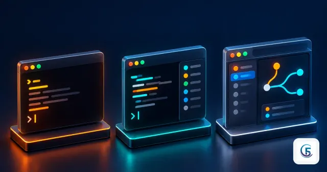 Ba màn hình công cụ terminal và ứng dụng desktop đặt cạnh nhau để so sánh