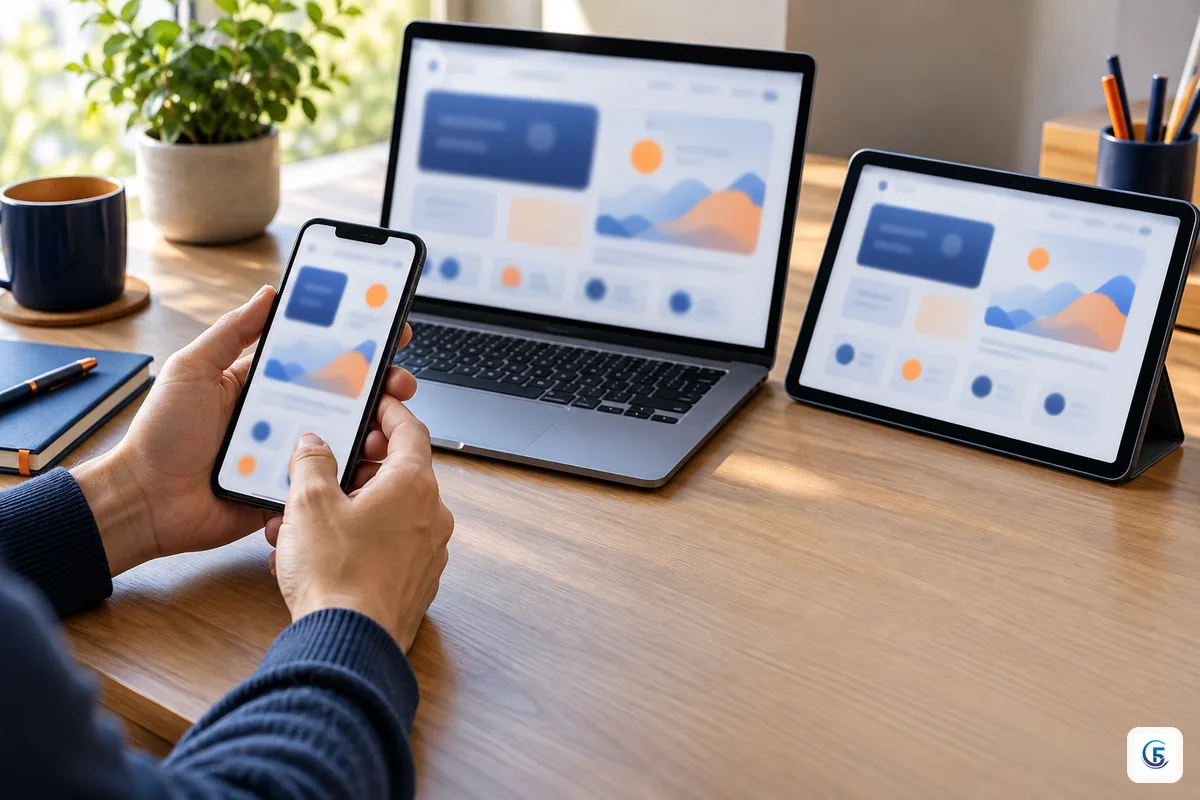 Người dùng cầm điện thoại kiểm tra giao diện web app trên nhiều kích thước màn hình