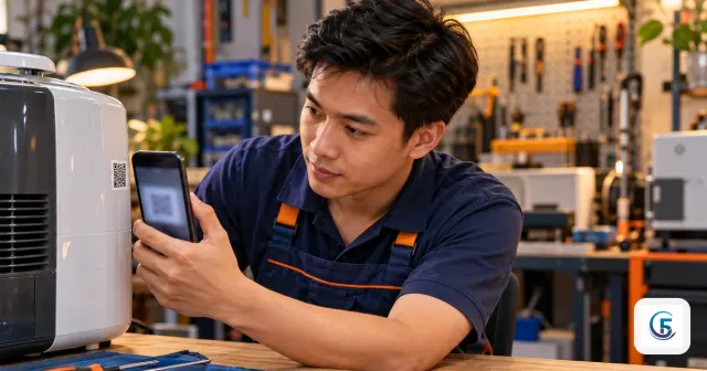 Kỹ thuật viên quét mã QR trên thiết bị tại bàn sửa chữa để tiếp nhận phiếu trong phần mềm quản lý bảo hành