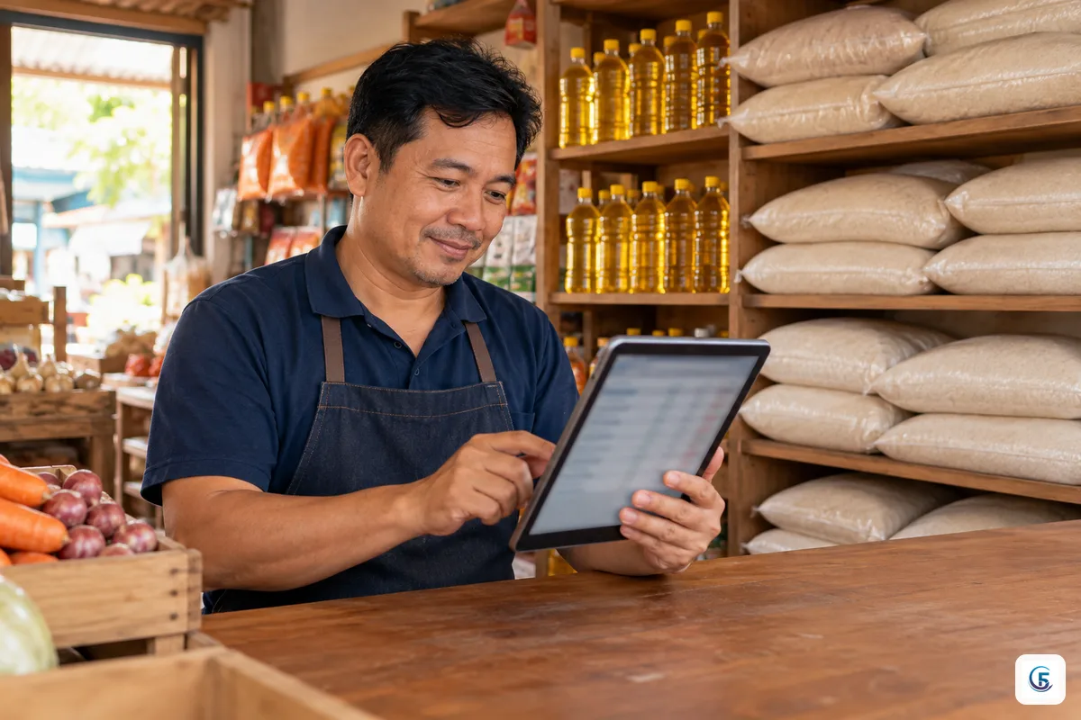 Chủ tiệm tạp hoá lướt bảng dữ liệu trên máy tính bảng tại quầy