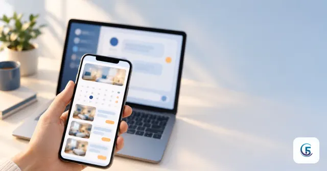 Điện thoại hiển thị app đặt phòng họp vừa được tạo bằng AI, đặt trên bàn phím laptop