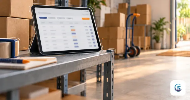 Web app là gì: máy tính bảng trên kệ kho hiển thị bảng dữ liệu và nút thao tác, thùng hàng mờ phía sau