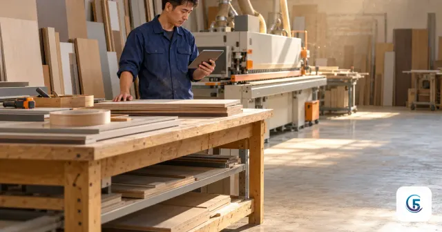 Xưởng gỗ với tấm ván và máy dán cạnh, thợ kiểm tra máy tính bảng — phần mềm quản lý xưởng nội thất