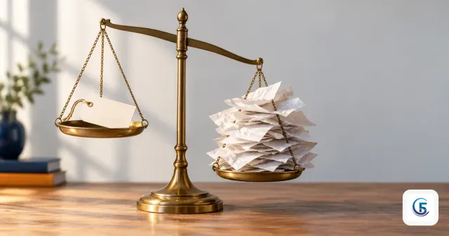 Cân thăng bằng với bảng giá nhỏ một bên và chồng hoá đơn ẩn bên kia, minh hoạ phần mềm quản lý giá rẻ
