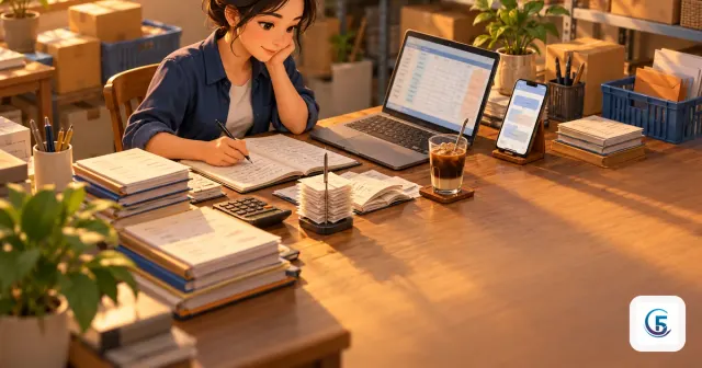 Chủ doanh nghiệp nhỏ với sổ tay, laptop bảng tính và điện thoại — dấu hiệu cần phần mềm quản lý doanh nghiệp nhỏ