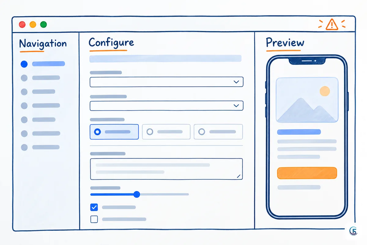 Sơ đồ ba khu vực của app editor AppSheet: điều hướng, cấu hình và preview