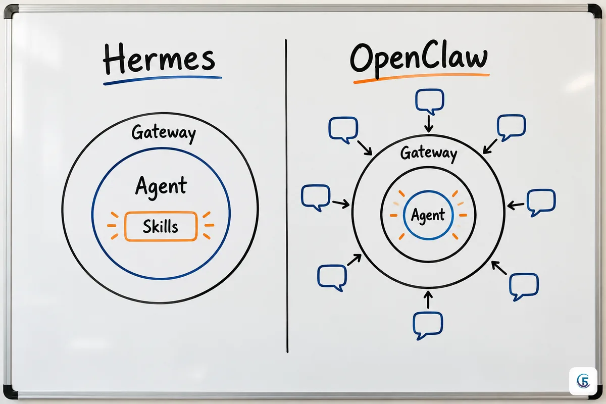 Sơ đồ bảng trắng so sánh kiến trúc Hermes và OpenClaw: một bên gateway bọc agent, một bên gateway nối nhiều app chat