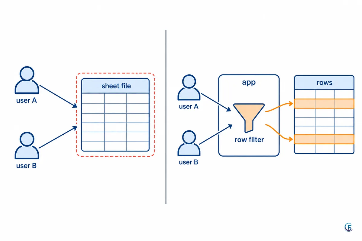 Sơ đồ so sánh phân quyền theo file của Google Sheet và phân quyền theo dòng khi dùng ứng dụng