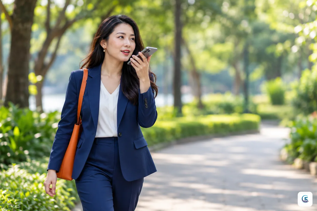 Người đi bộ trong công viên nói ý tưởng vào điện thoại để ghi âm