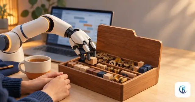 Minh hoạ claude code là gì: cánh tay robot sắp xếp các khối trong hộp dụng cụ hình thư mục dự án
