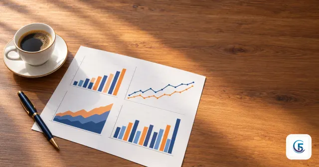 Bản báo cáo quản trị có biểu đồ đặt trên bàn họp cùng cây bút và cốc cà phê
