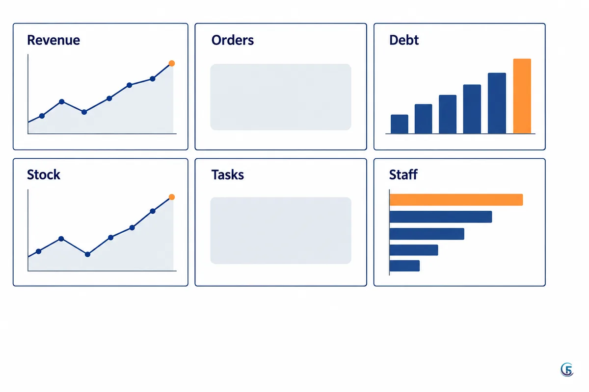 Sơ đồ bố cục dashboard quản lý gồm sáu ô: doanh thu, đơn hàng, công nợ, tồn kho, công việc và nhân sự