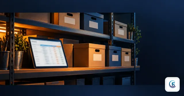 Kệ kho gọn gàng và máy tính bảng hiển thị bảng dữ liệu, minh hoạ appsheet database