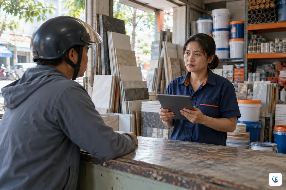 Nhân viên cửa hàng vật liệu xây dựng Việt Nam cầm máy tính bảng chờ hệ thống phản hồi trong khi khách đứng đợi ở quầy