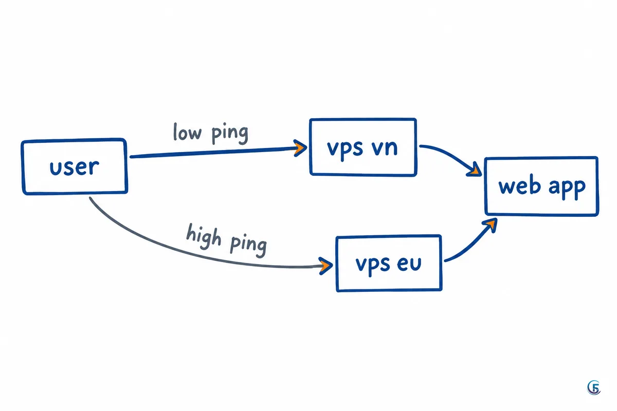Sơ đồ so sánh đường truyền từ người dùng tới VPS đặt tại Việt Nam và VPS đặt ở châu Âu