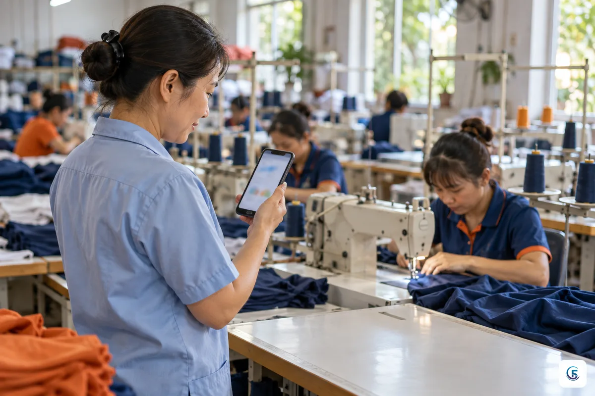 Tổ trưởng xưởng may Việt Nam xem báo cáo sản lượng trên web app bằng điện thoại ngay tại chuyền may