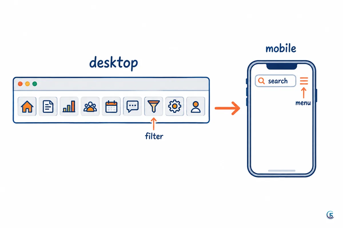 Sơ đồ chuyển toolbar nhiều nút trên desktop thành ô tìm kiếm và nút menu gọn trên mobile