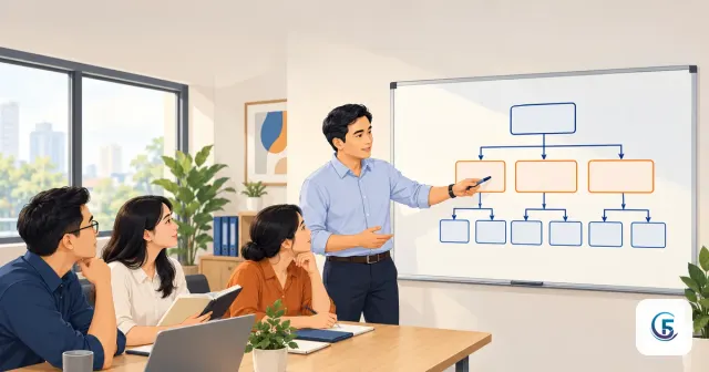 Bảng trắng mô tả cách xây dựng KPI cho doanh nghiệp: kim tự tháp mục tiêu từ công ty xuống phòng ban và nhân viên