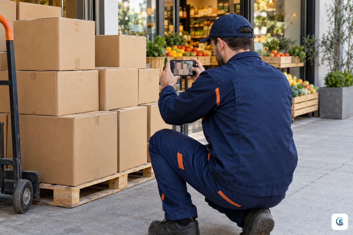 Nhân viên giao hàng chụp ảnh các thùng hàng bằng điện thoại trước cửa hàng tạp hoá nhỏ
