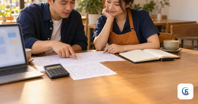 Chủ doanh nghiệp và lập trình viên bàn chi phí làm web app bên bản vẽ màn hình app và máy tính cầm tay