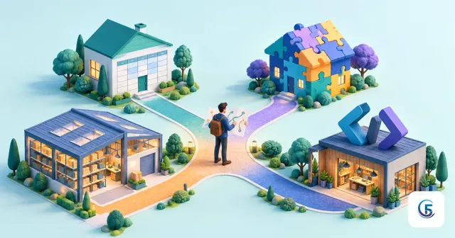 Chủ doanh nghiệp nhỏ đứng ở ngã tư, phân vân nên chọn no-code hay low-code, ERP hay tự code