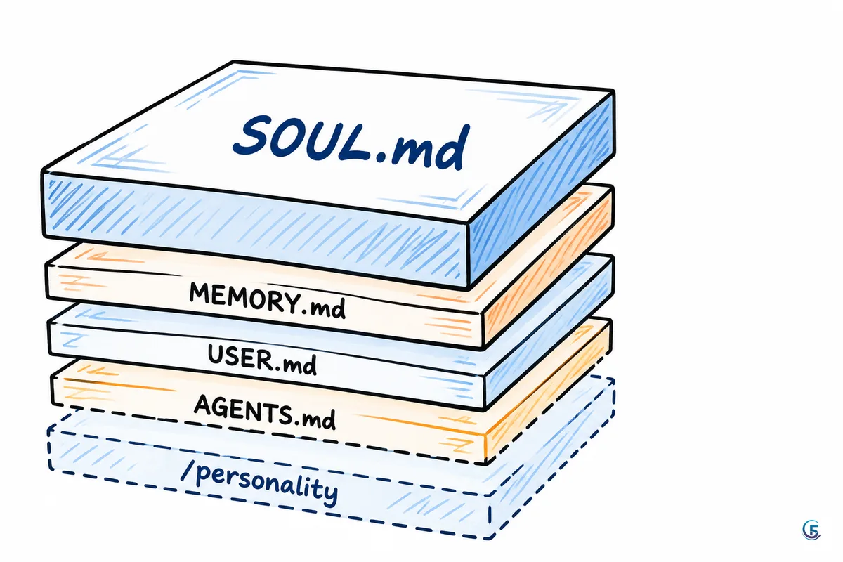Sơ đồ các lớp của system prompt Hermes: SOUL.md nằm trên cùng, dưới là MEMORY.md, USER.md, AGENTS.md và lớp phủ /personality