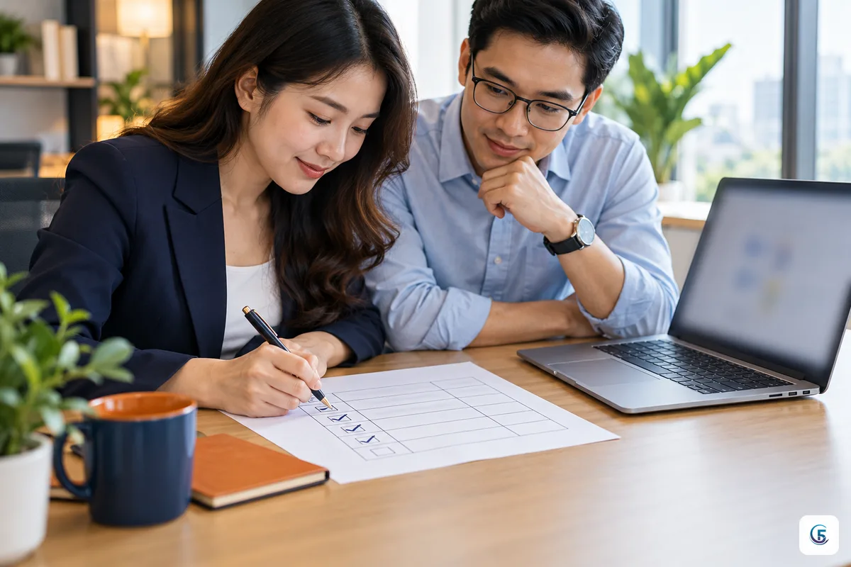 Nhóm nhân viên văn phòng Việt Nam cùng kiểm tra kết quả AI theo bảng tình huống đạt hoặc không đạt