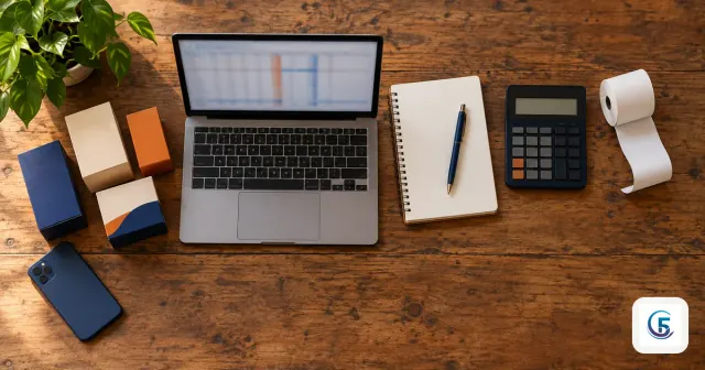 Quầy bán hàng của cửa hàng nhỏ với laptop mở file excel quản lý bán hàng, sổ ghi đơn và máy tính tiền