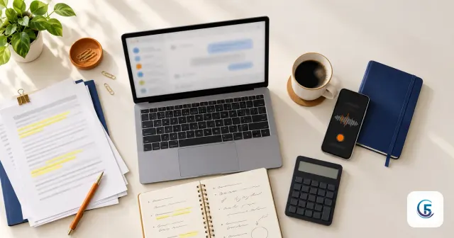 Bàn làm việc văn phòng với hợp đồng in, laptop mở khung chat — ứng dụng AI trong công việc văn phòng