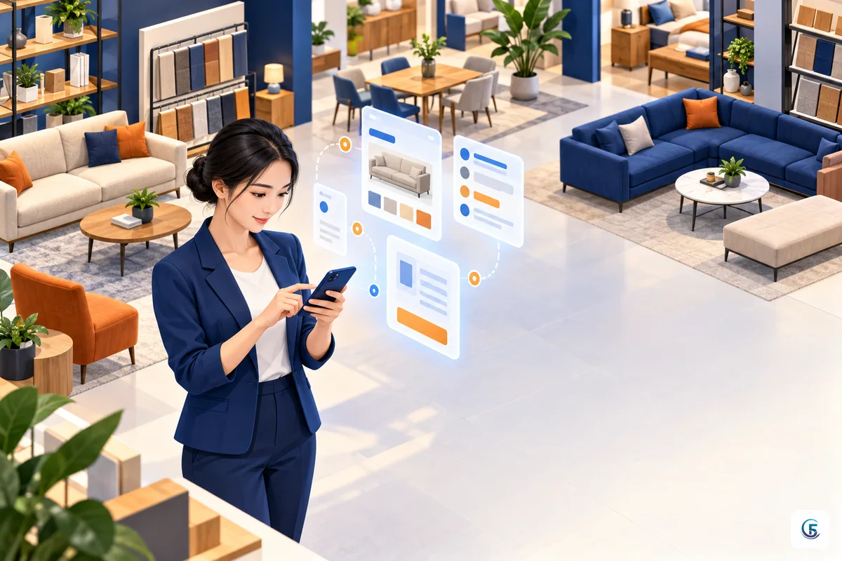 Nhân viên cửa hàng nội thất thử luồng báo giá trên điện thoại