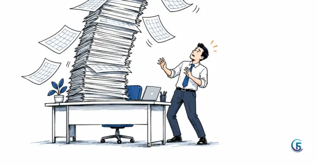 Chồng bảng tính in ra nghiêng đổ trên bàn làm việc, minh hoạ nhược điểm của Excel khi quản lý doanh nghiệp