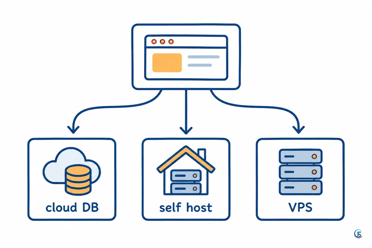 Sơ đồ ba hướng lưu dữ liệu: database cloud, tự chạy trên máy và database trên VPS