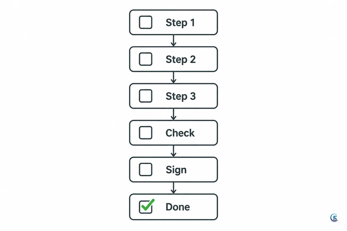Sơ đồ checklist dọc sáu bước của một SOP một trang, kết thúc bằng dấu tích hoàn thành