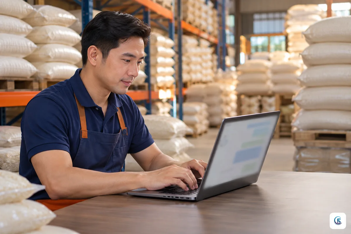 Quản lý cửa hàng gõ mô tả dài vào khung chat trên laptop, kệ kho gạo mờ phía sau