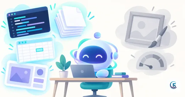 Minh hoạ trợ lý AI với các thẻ code, tài liệu, bảng tính sáng rõ và khung ảnh trống mờ, thể hiện điểm mạnh điểm yếu của Claude